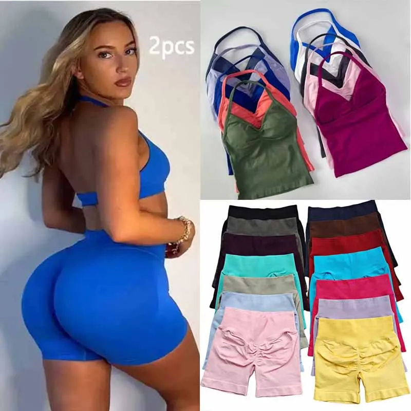 

Dfyoga 2Pcs Impacts Gym Set Tank Tops High Waist Scrunch Seamless Shorts Gym Suit Fitness Clothes Activewear Workout