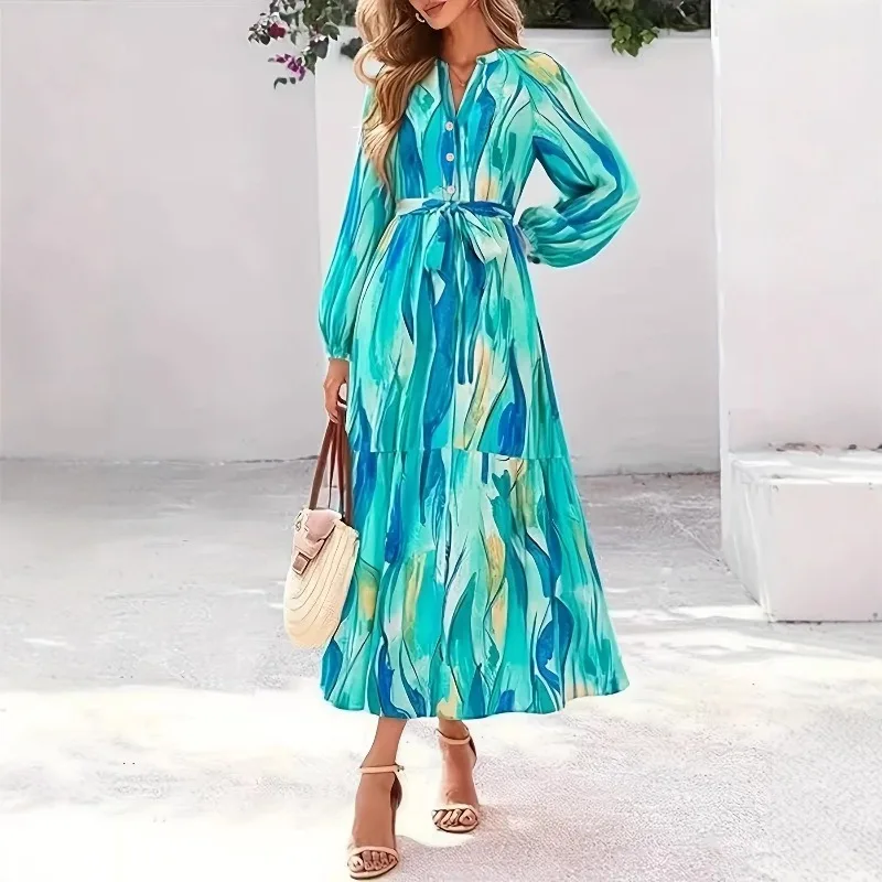 เดรสคอวีแขนยาวลายดอกไม้สไตล์โบฮีเมียนสำหรับงานปาร์ตี้ ชุดเดรสฤดูใบไม้ร่วงสำหรับผู้หญิง ชุดชายหาด ชุดเดรสวินเทจสุดหรู