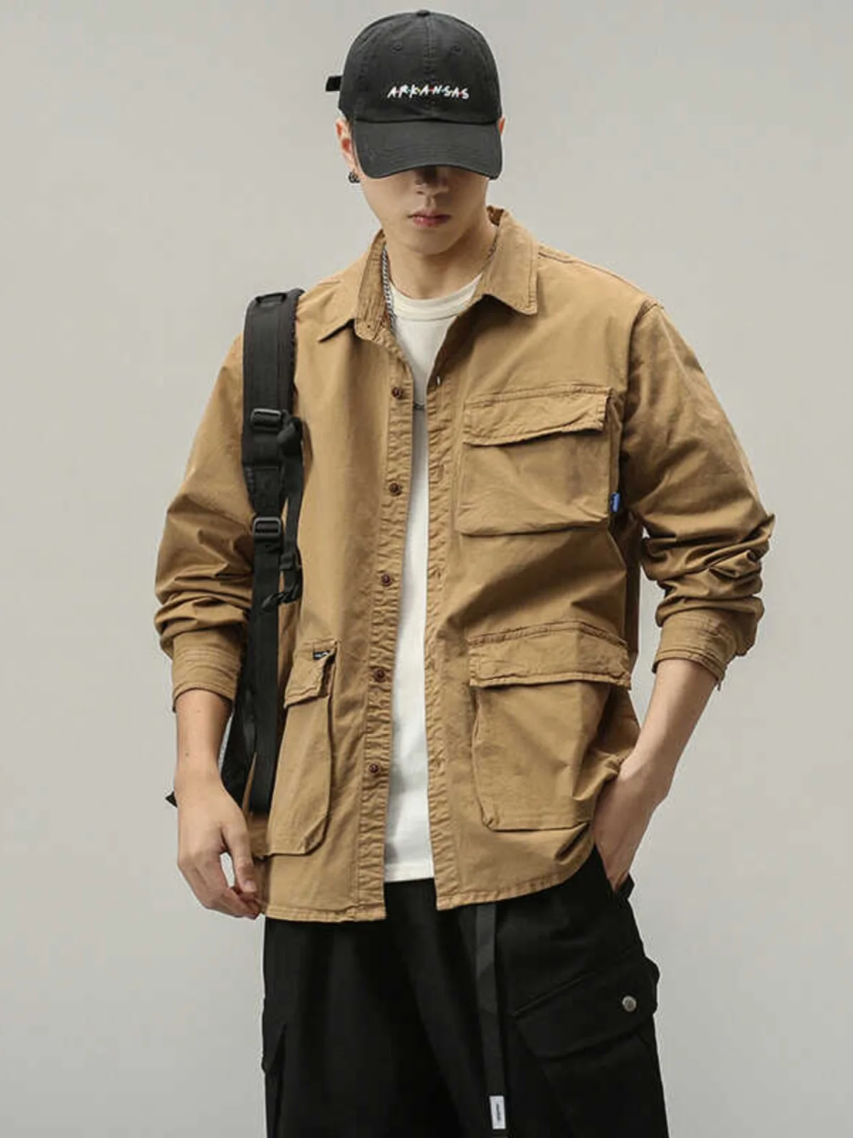 

Мужская свободная рубашка с длинным рукавом для работы, весна-осень, новая модель, с множеством карманов, повседневная, модная, для города, для поездок на работу, из смесового хлопка и полиэстера