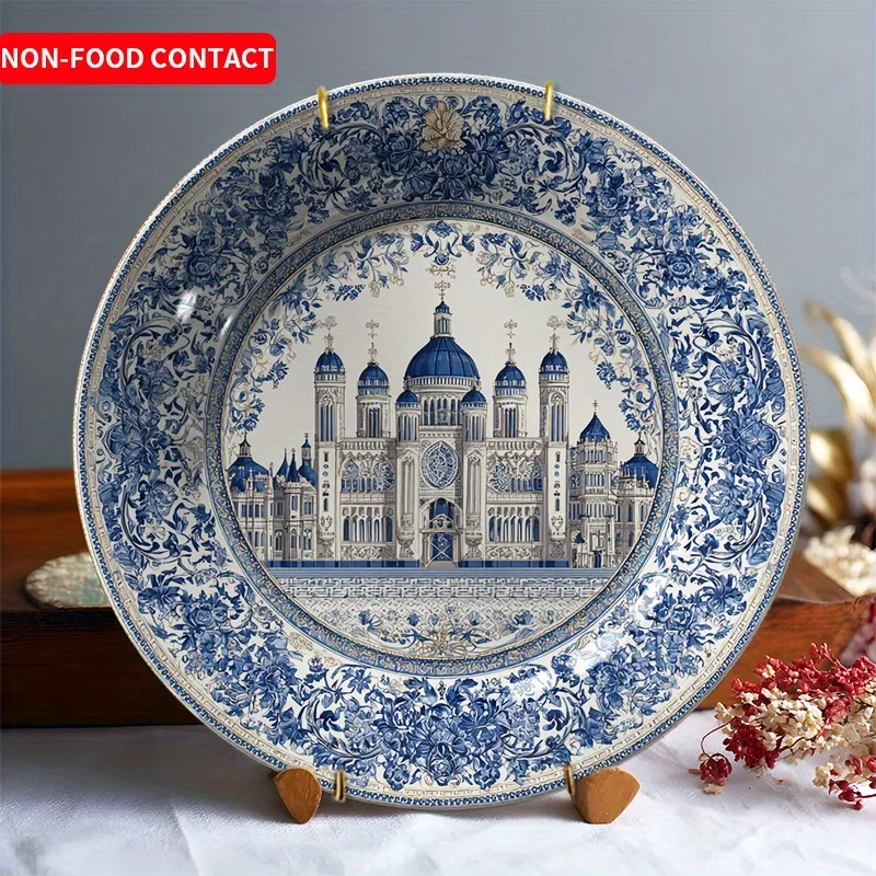 1 unidade Prato Decorativo de Cerâmica com Padrão de Castelo Europeu, Prato de Parede Artístico Requintado, Ornamento para Decoração de Parede Doméstica, Não Apto para Contato com Alimentos