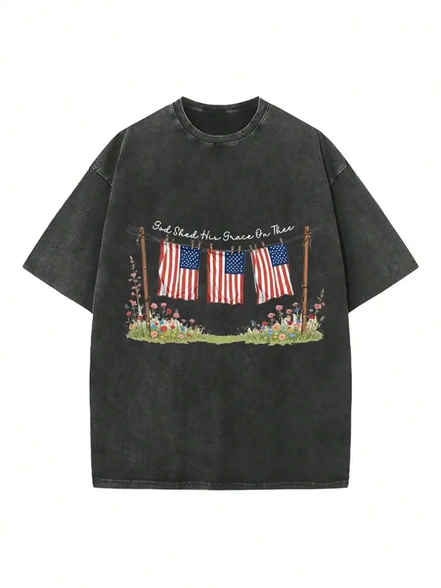 Men Casual Crew Neck T‑Shirt Vintage Washed Short Sleeve Top High‑Quality Batik Cotton Abstract Blessing Text Print Daily Fashion Tees