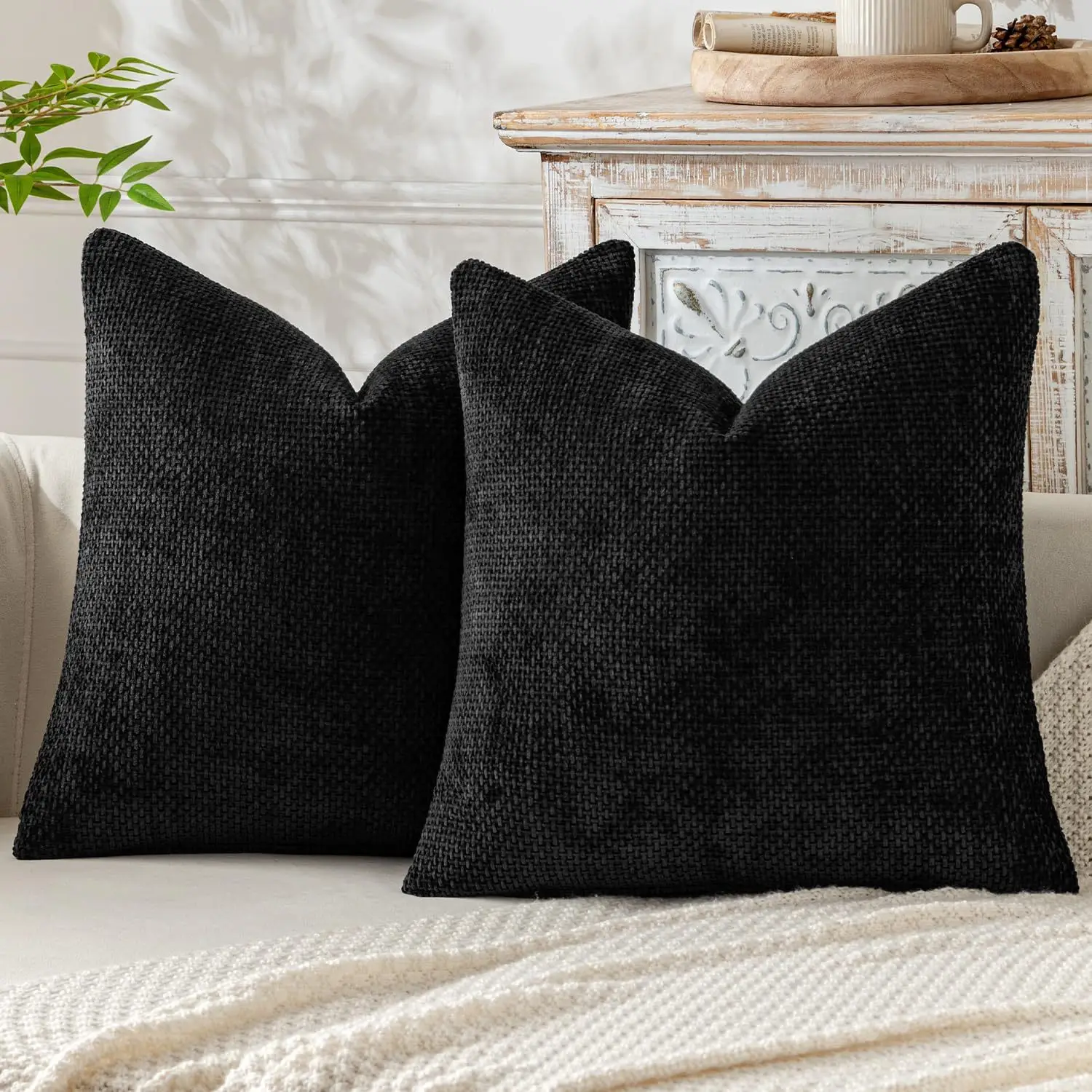 Black Chenille Throw Pillow Cover Soft Solid Color Cushion Case with Cross Woven Design Decorative Pillowcase Sofa Hecorome
