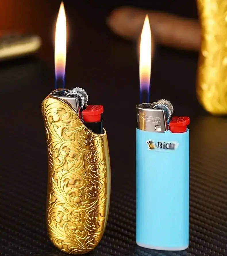 Vintage Exquisite Pattern Mini Bic J5 Lighter Case Metal Armor 60mm BIC Lighters Cover Metal Case Plastic Lighter Protection