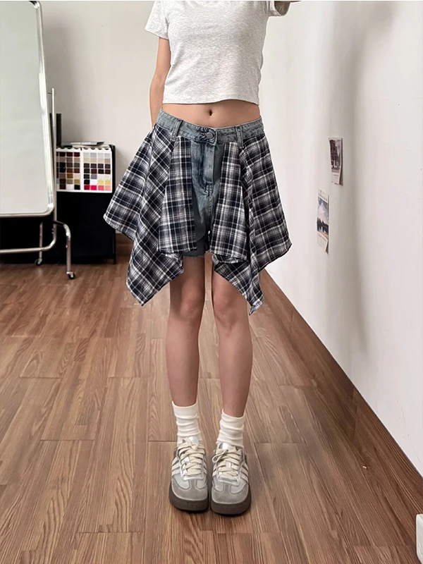 

American Retro Plaid Patchwork Jeans Shorts Women Summer New Asymmetric Design Sensation Skirt Pants Trendy High Waist Denim