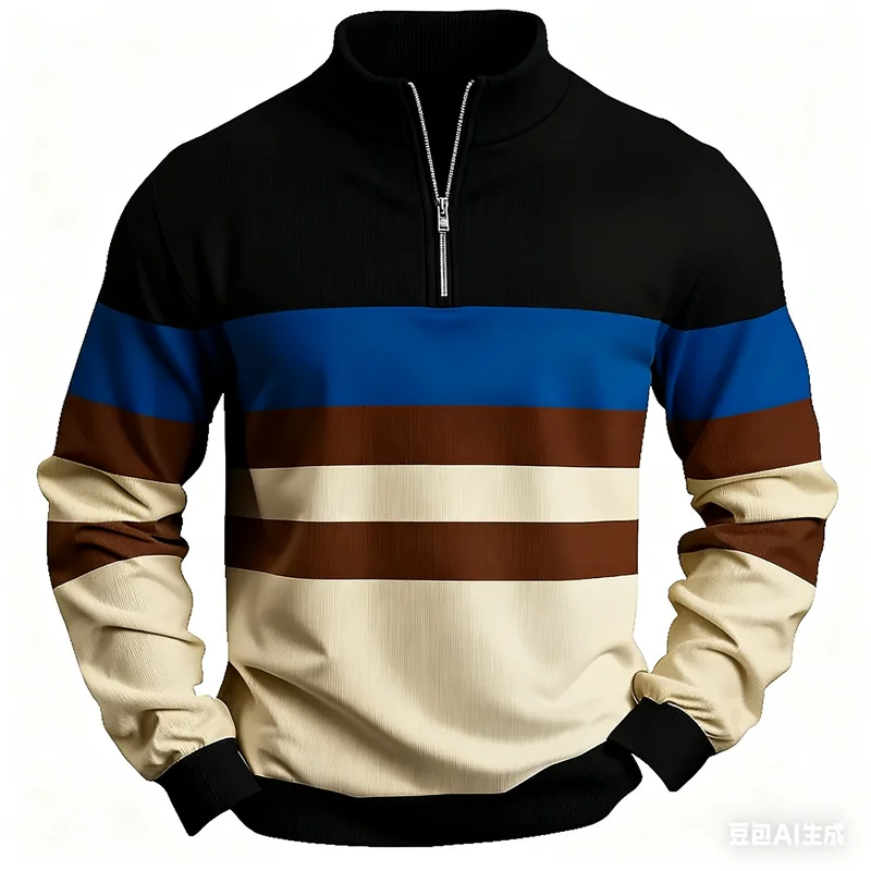 

Fashion 3D Striped Color Block Printed Men's Half-zip Stand Collar Shirt Leisure Business Men Clothes Street Daily Pullover Tops