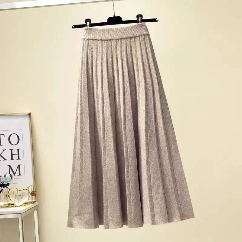 Autumn Winter High Waist Knitted Skirt Women's Mid-Length Wool A- Line Large Pendulum College Style Pleated Skirt Warm Skirt2025