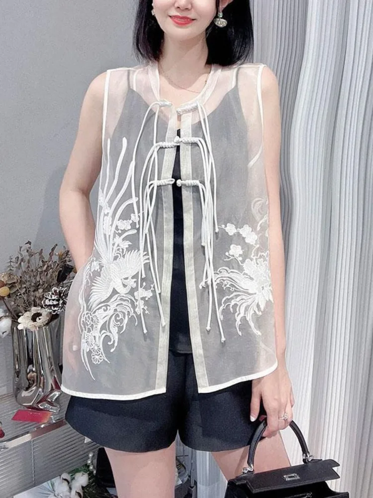 Flower Embroidery Vest Coat Women Clothing O-neck Single Breasted Waistcoat Chinese Style Sleeveless Loose Vintage Tanks Tops