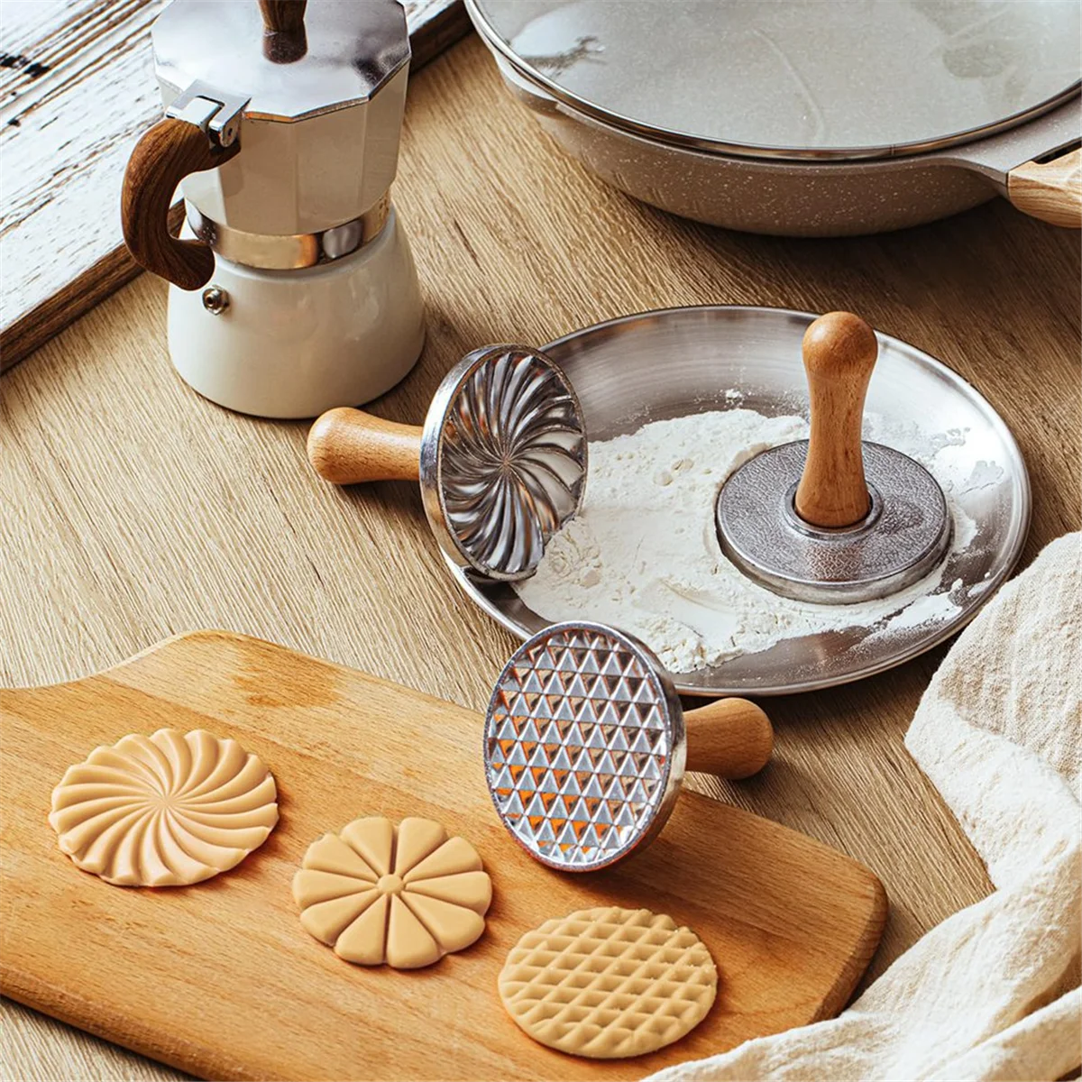 AB53 3Pcs Cookie Stamps Metal Cookie Press Mold with Wooden Handle for DIY Baking Cake Pastry Cutters Cookie Press for Baking