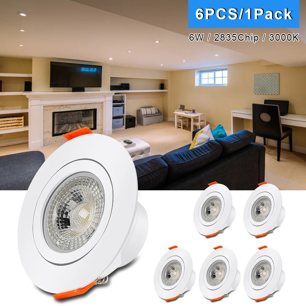 6pcs Embedded LED Downlight 5W Round Ceiling spotlights Adjustable Angle Recessed Panel Lighting Lamp for Home Hotel Kitchen
