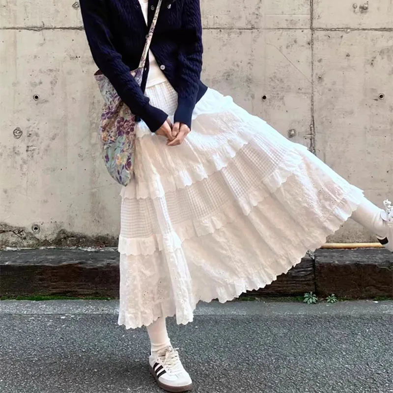 Casual White Cake Skirts Spring Autumn Lace Ruffles A-Line Long Skirts for Women Elegant Midi Skirts Female Clothes faldas mujer