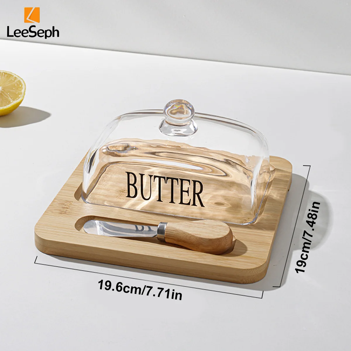 Leeseph Bamboo Butter Dish with Glass Lid and Cutter, Reusable Butter Storage Dish Butter Case, Butter Container, Kitchen Tool