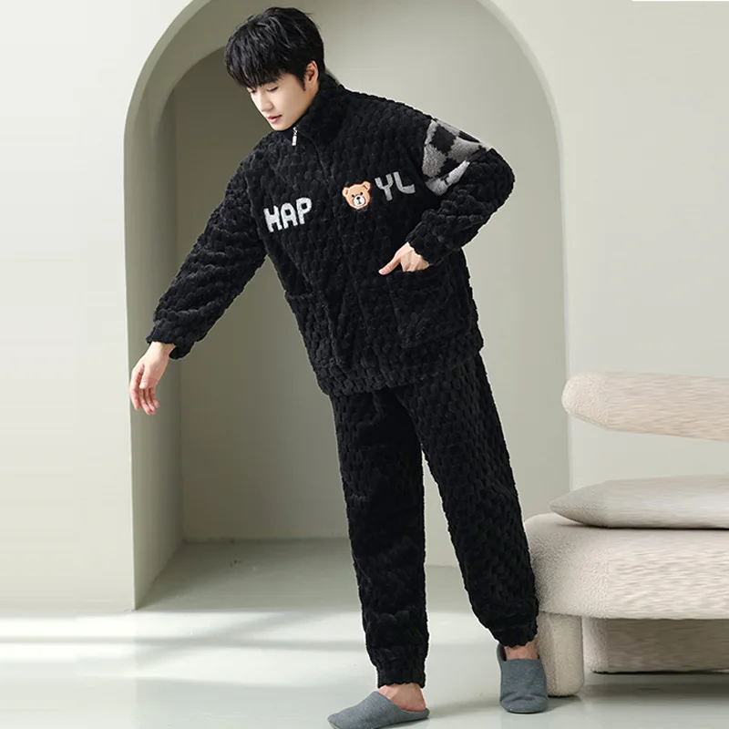 Autumn and winter stand-up collar men's pajamas thickened coral fleece zipper teenagers wear casual fleece loungewear wholesale