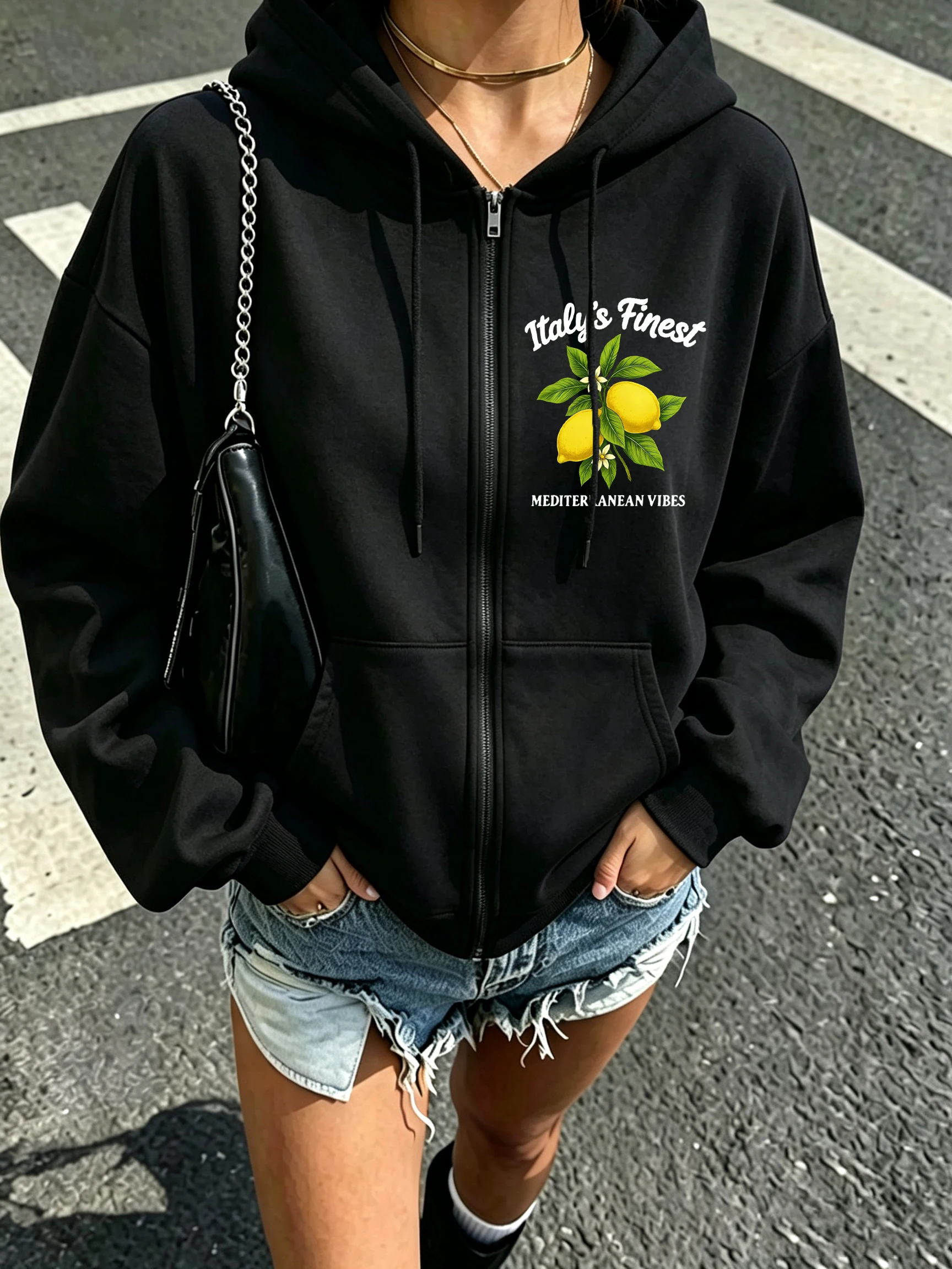Italy'S Finest Lemons Fruit Pattern Zipper Hoodies Women Casual Autumn Streetwear Fleece Hip Hop Hoody Zip-Up Oversize Clothing