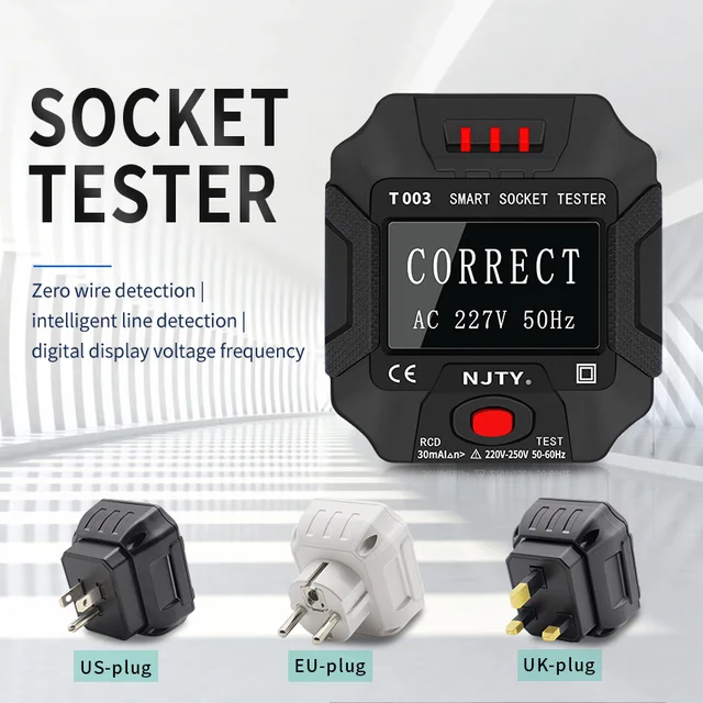 Tester gniazda Cyfrowy inteligentny detektor napięcia AC Wtyczka UE 30mA Test RCD Polaryzacja Kontrola fazy Kontrola obwodu Uziemienie Linia zerowa