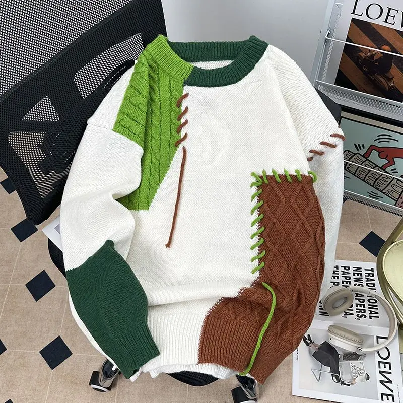 

Свободный крой круглый трикотаж Ne, мужской повседневный базовый слой, цветной дизайн, теплый полиэфирное волокно, зимний модный бренд