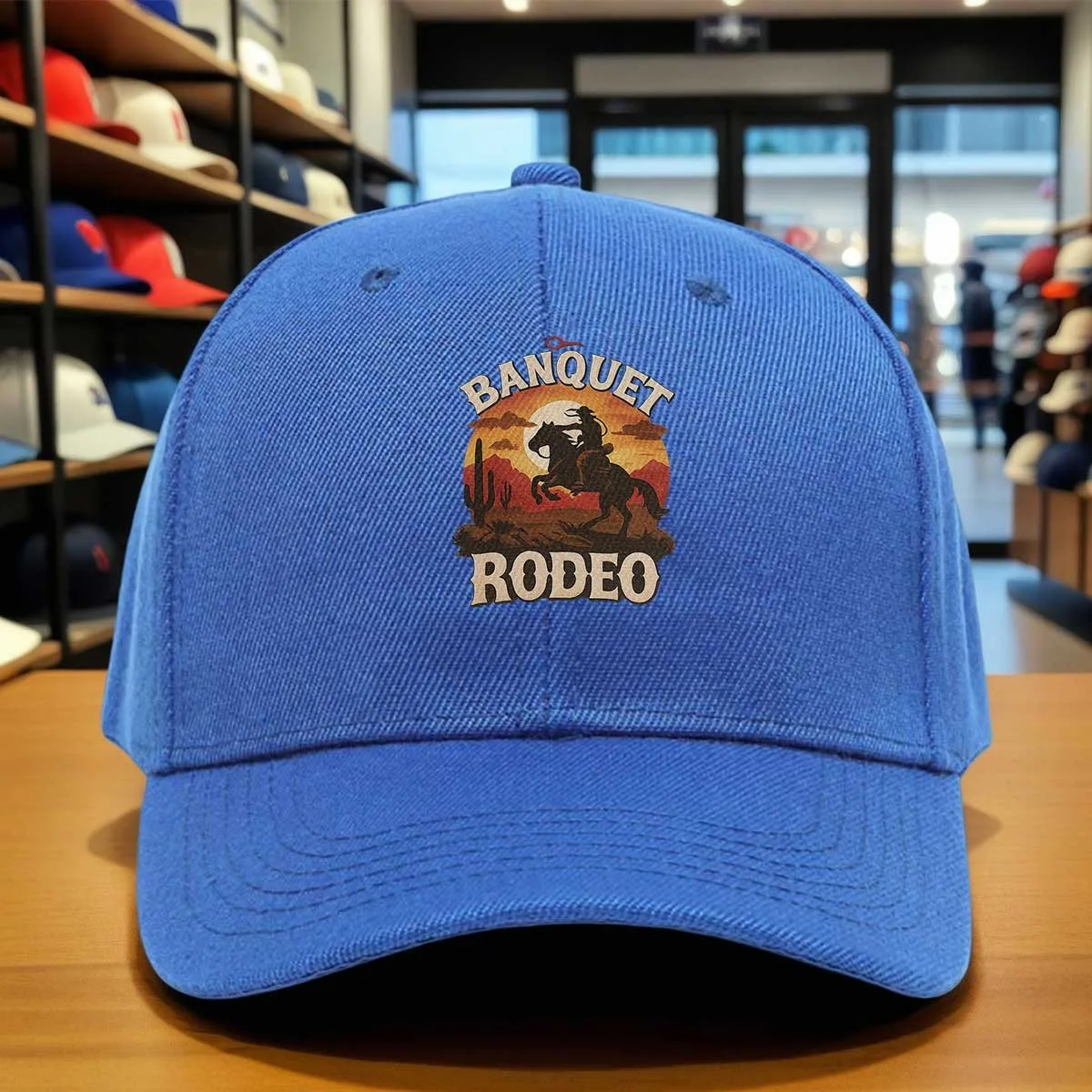 Banquet Rodeo Western Cowboy Print Baseball Cap, Vintage Washed Distressed Design, Outdoor Cowgirl Hat for Rodeo Events, Adjusta