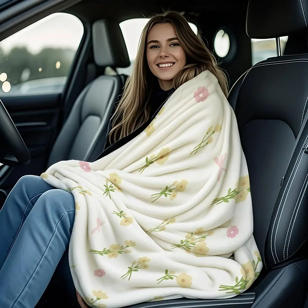 Cream Floral Bow Digital Print Blanket Flannel Throw Warm Gift Blanket Cozy Cottage Teen Bedroom Couch Decor