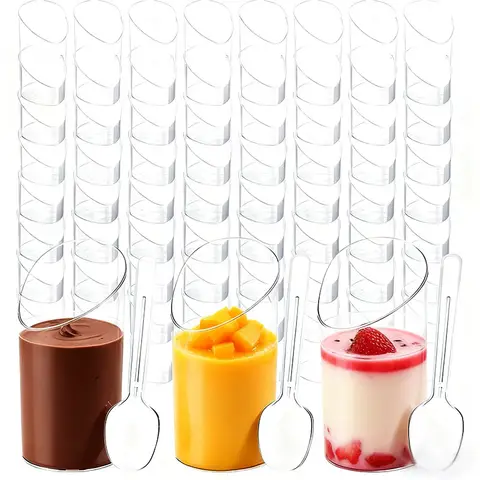10/20PCS Disposable Slanted Cups Plastic Dessert Cups Ice-Cream Mousse Jelly Dessert Cups with Spoon Christmas Birthday Party