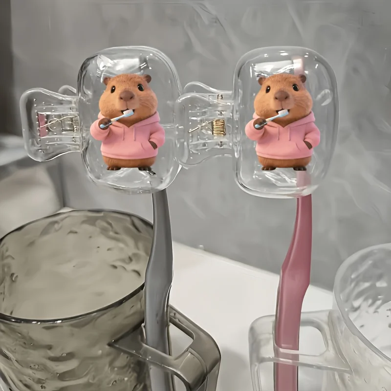2pcs Pink Capybara Brushing Teeth Portable Toothbrush Box Ideal for Home and Travel Use Clean And Dry convenient for daily use