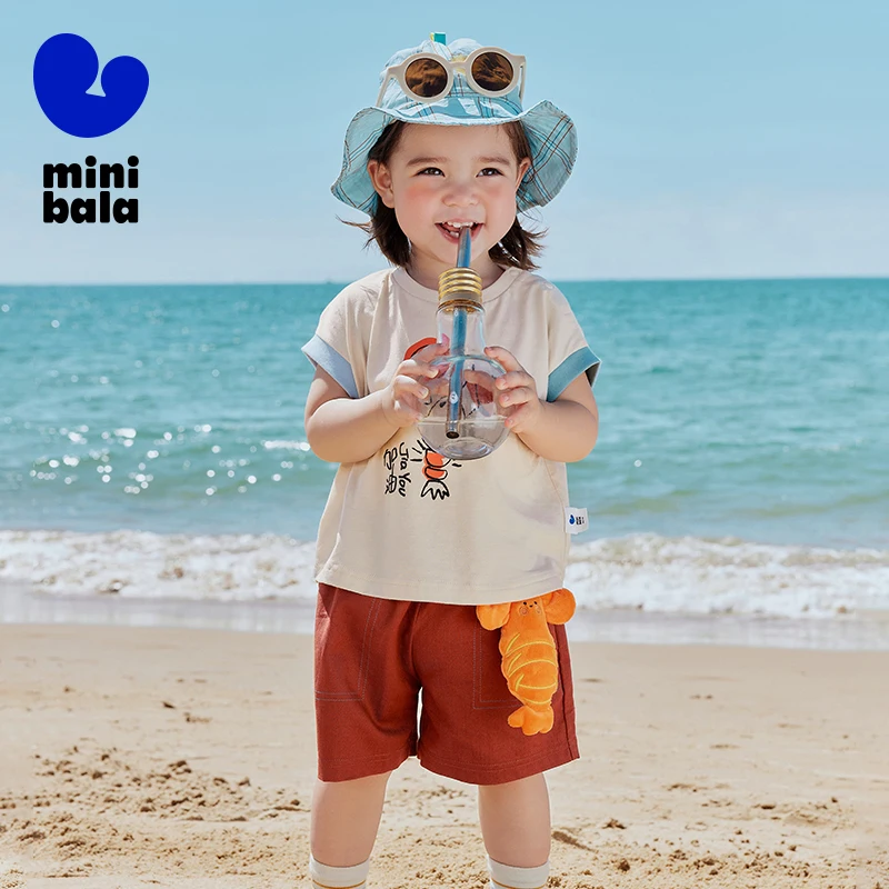 סט מיני בלה כותנה עם שרוול קצר לתינוק בן ובת, מכנסיים קצרים בצבעים רטרו מתרחבים לקיץ