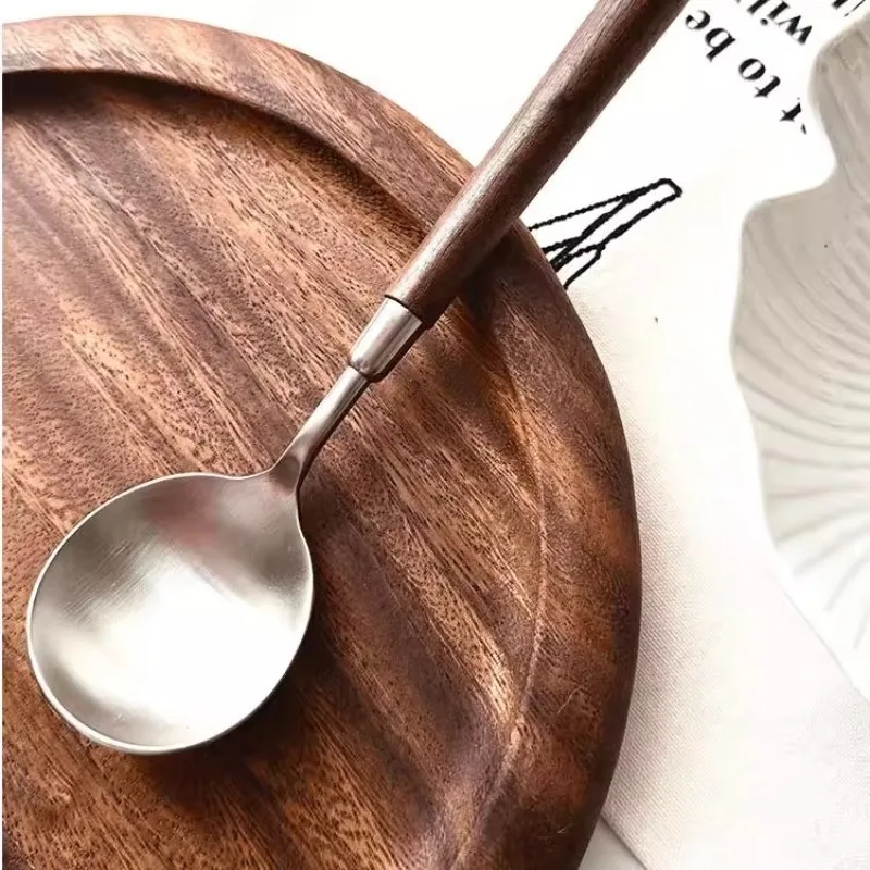 Wooden Handle Imitation Walnut Grain Large Soup Spoon, Stainless Steel Round Eating Utensils for Western Food Dining