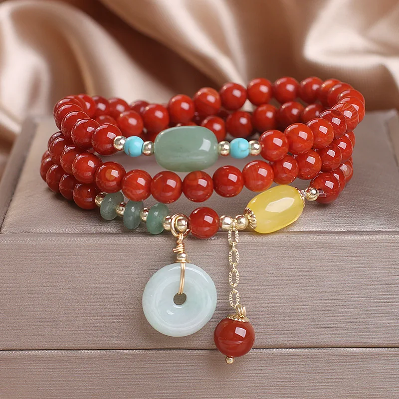 Lucky Fortune Multi layer South Red Agate Peace Buckle Pendant Bracelet for Women Gifts