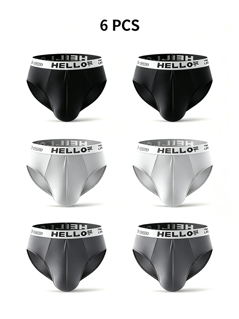 6Pcs Men's Silky Milk Silk Briefs 3 Colors 2 Each HELLO Letter Waistband Soft Breathable All-Season Daily Underwear Set