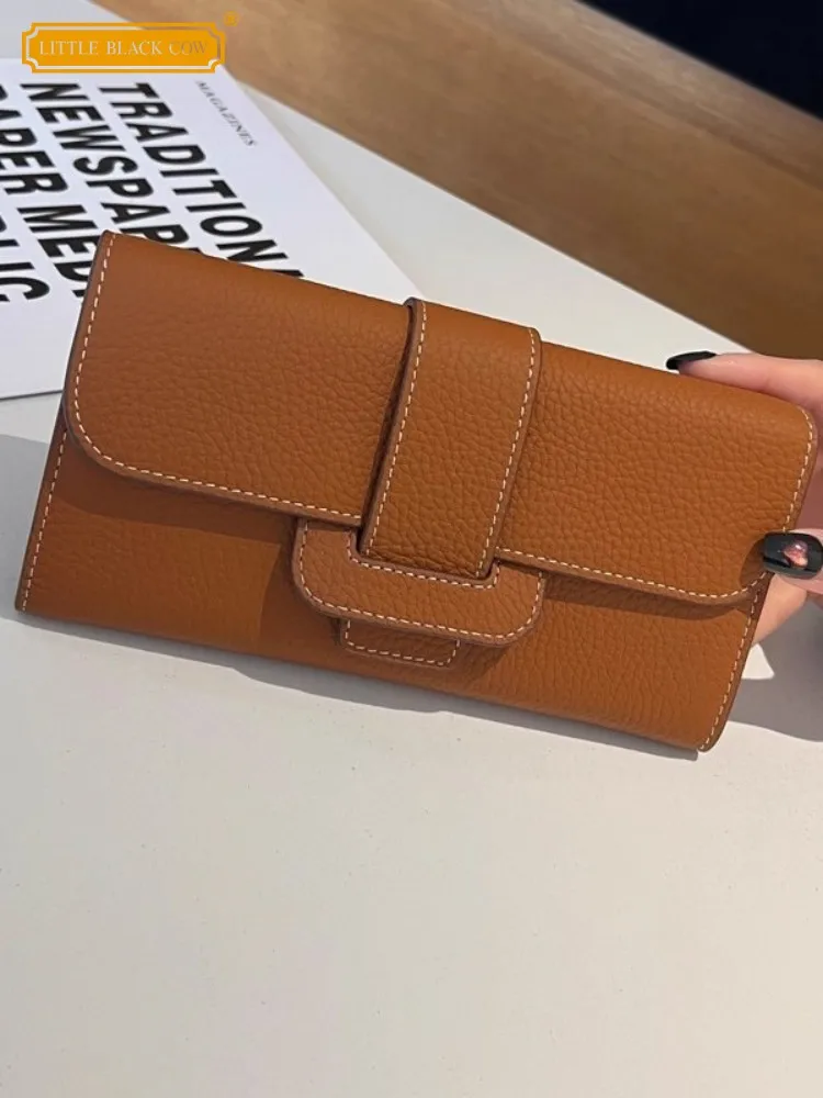 Elegant Office Ladies Long Wallet New Cowskin Genuine Leather Fashion Party Chain Bags Women Casual Solid Color Hasp Card Holder