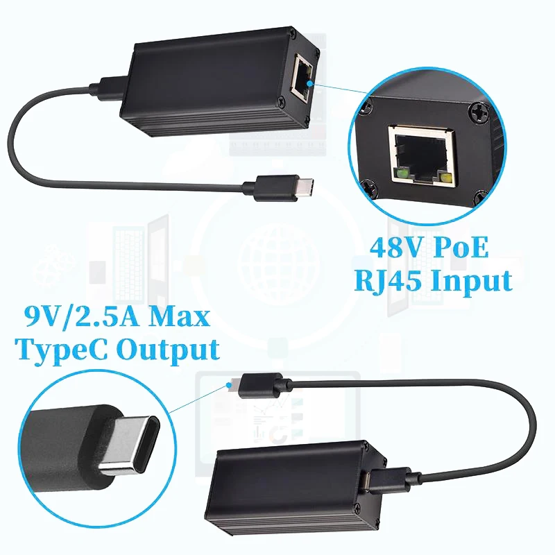 Adaptador convertidor PoE a USB-C de 2,5G y 45W, potencia de salida tipo C y Ethernet 2 en 1, carga máxima de 20V 45W y velocidad de 2,5 Gbps