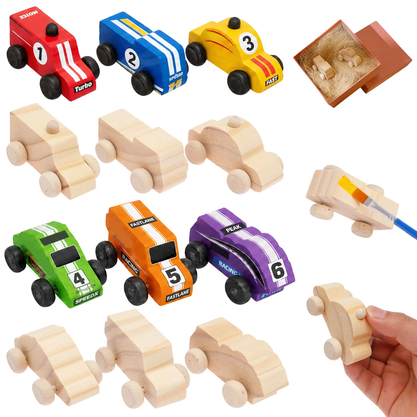 12/8 Stück Holz-DIY-Autospielzeug, unlackierte Rennwagen zum Bemalen, DIY-Bastelset für Schüler, Holzbearbeitung, Kindergeburtstag, Mädchen
