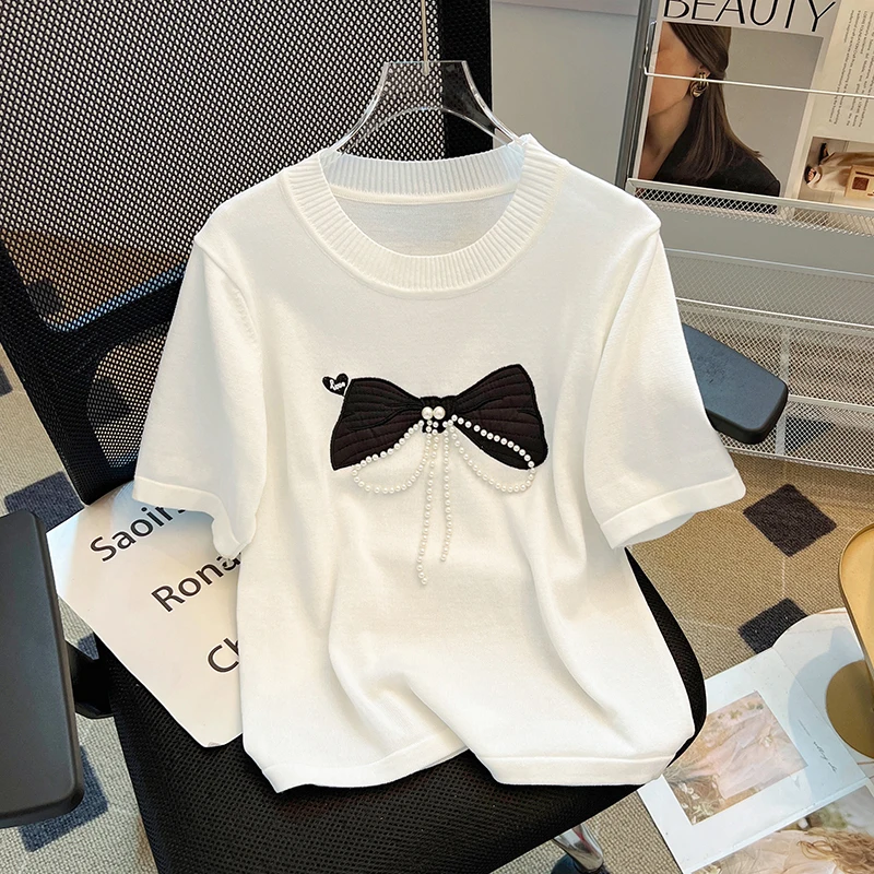 Stylish Fashion Knit Sweater T-shirts Women Bow Embroidery Pearl Beaded Short Sleeve Tees Tops 2024 Summer Elegant Chic Knitwear