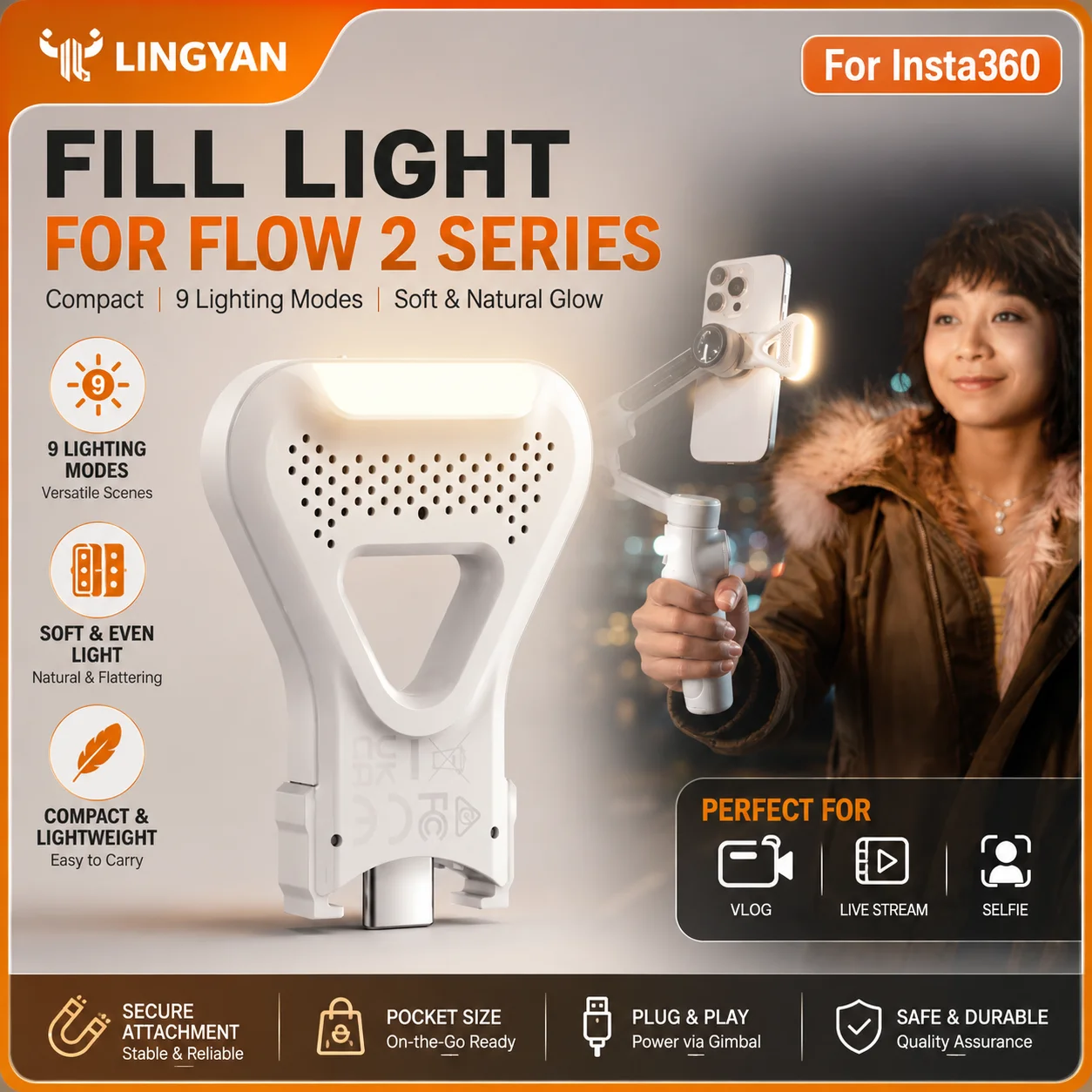 LED Fill Light for Insta360 Flow 2 Flow 2 Pro 9 Lighting Modes Soft Natural Glow Compact Vlog Light Accessory