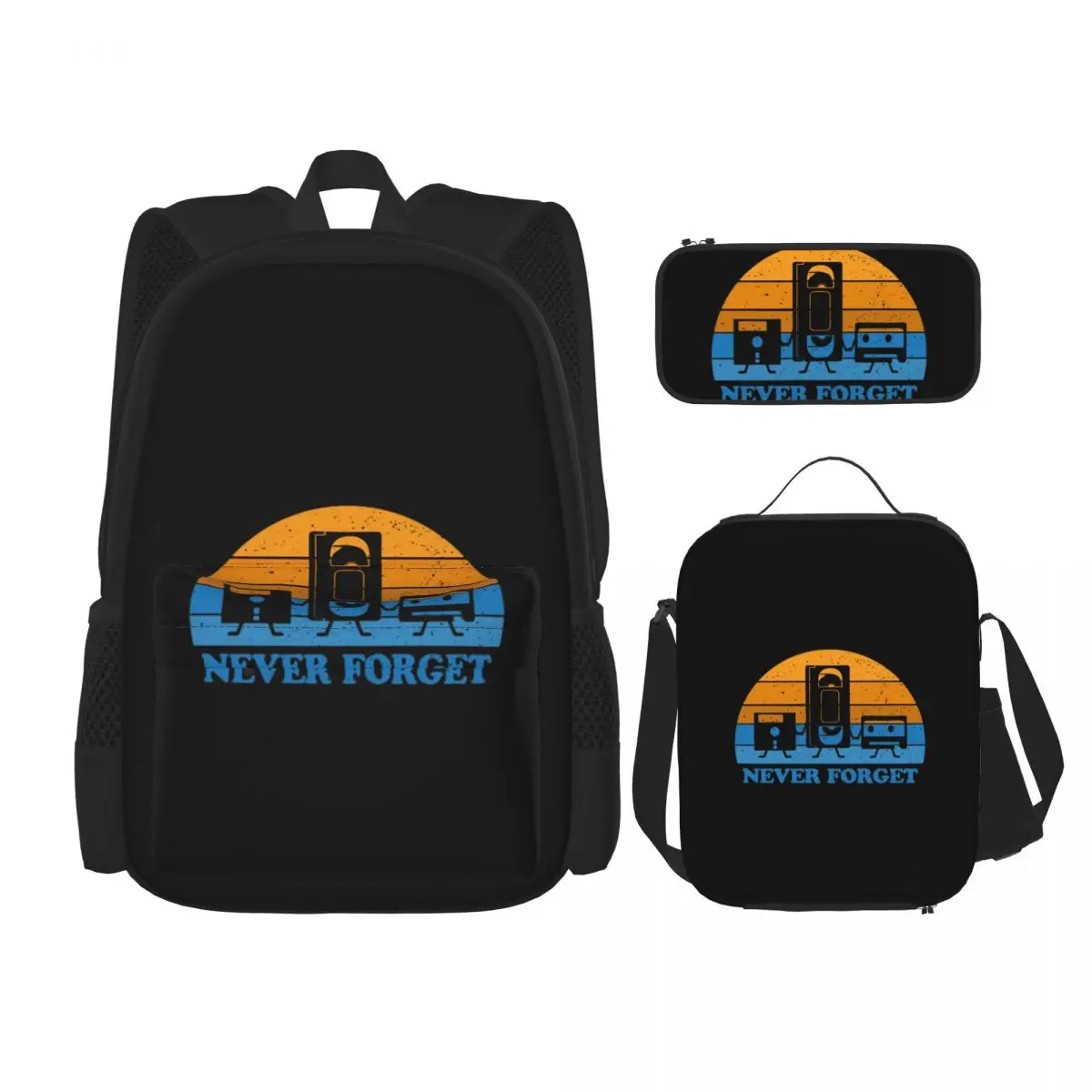 Never Forget -Floppy Disk Cassette VHS Tape Backpacks Children School Bags Kids Rucksack Lunch Bag Pen Bag Three-Piece Set