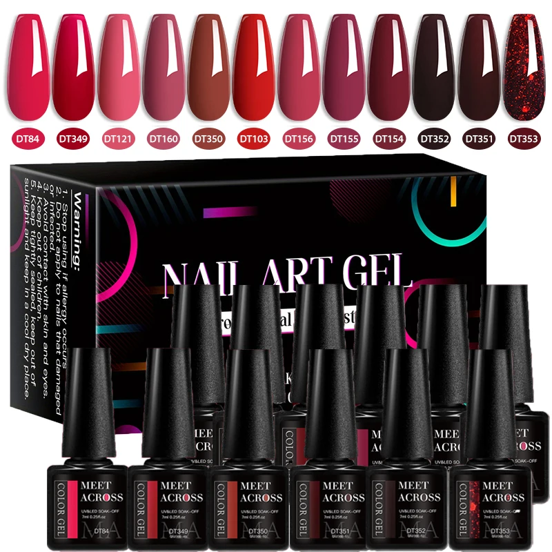 12pc Red Coffee Color Nail Gel Polish Set Glitter Nail Art Semi Permanent Painting Gel Kit DIY Manicure Nail Supplies Varnish