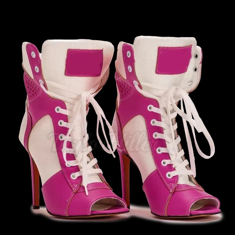 

Peep Toe Patchwork Gladiator Heels Lace Up Fashion Sport Sneakers Stiletto Women Comfortable Shoes Luxury Mixed Color Boots 2026