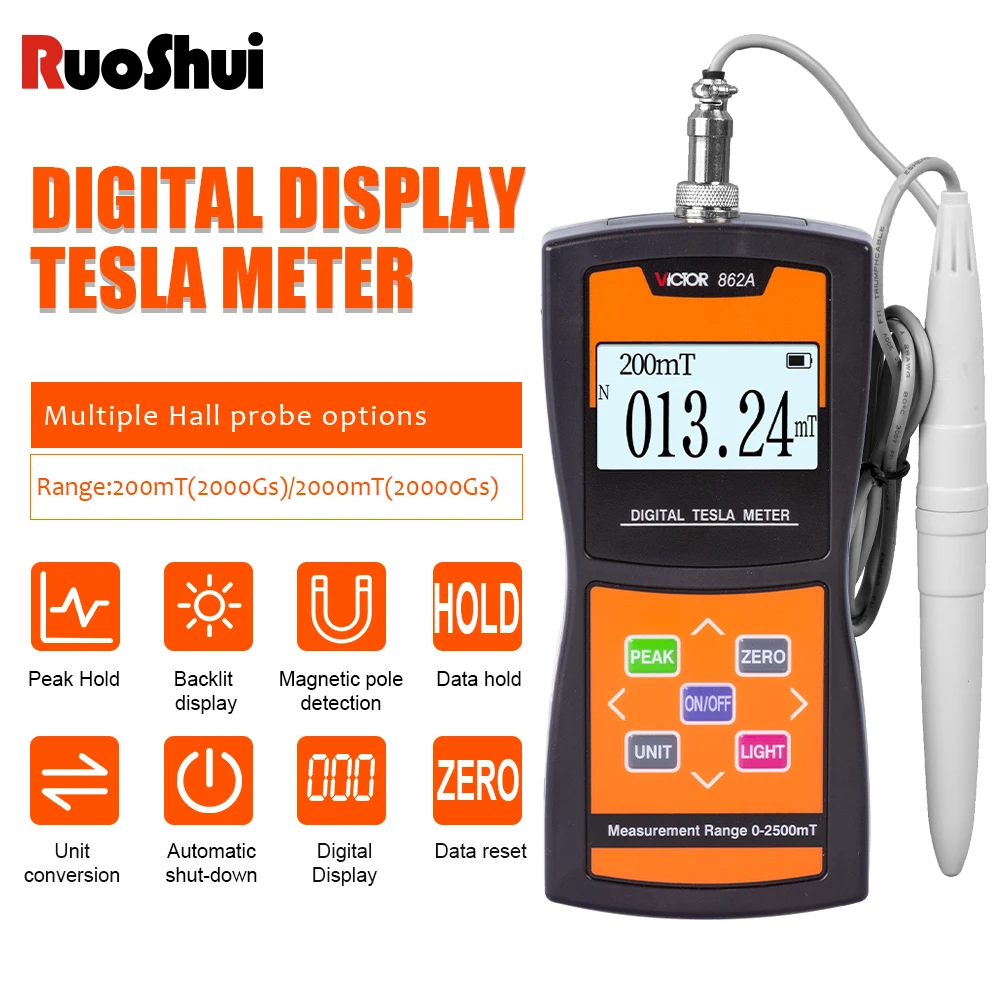 Digital Tesla Meter Gauss Mete,Professional Magnetic Field Tester 200~2000mT, N/S Pole Detection for Magnets Motors Industrial