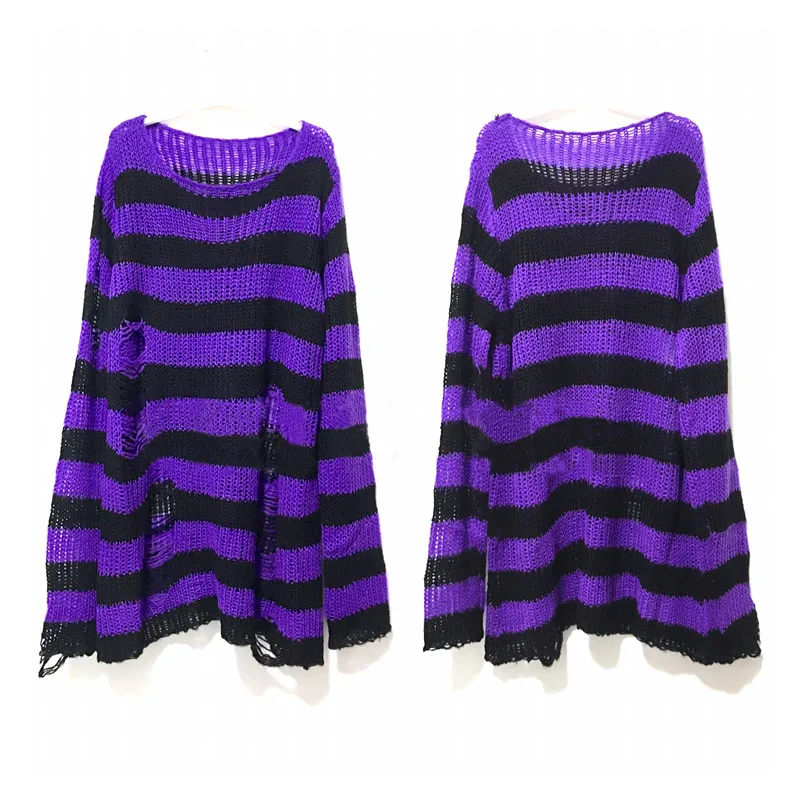 Punk Gothic Hollow Out Knit Sweater Loose Striped Knitwear for Women - Purple