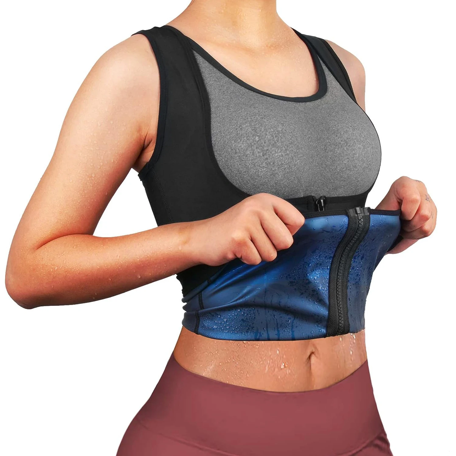 1 PC ซาวน่าเสื้อกั๊กความร้อนเหงื่อ Tank Top Breathable เอวเทรนเนอร์ซิปกีฬารัดตัวสําหรับหญิง