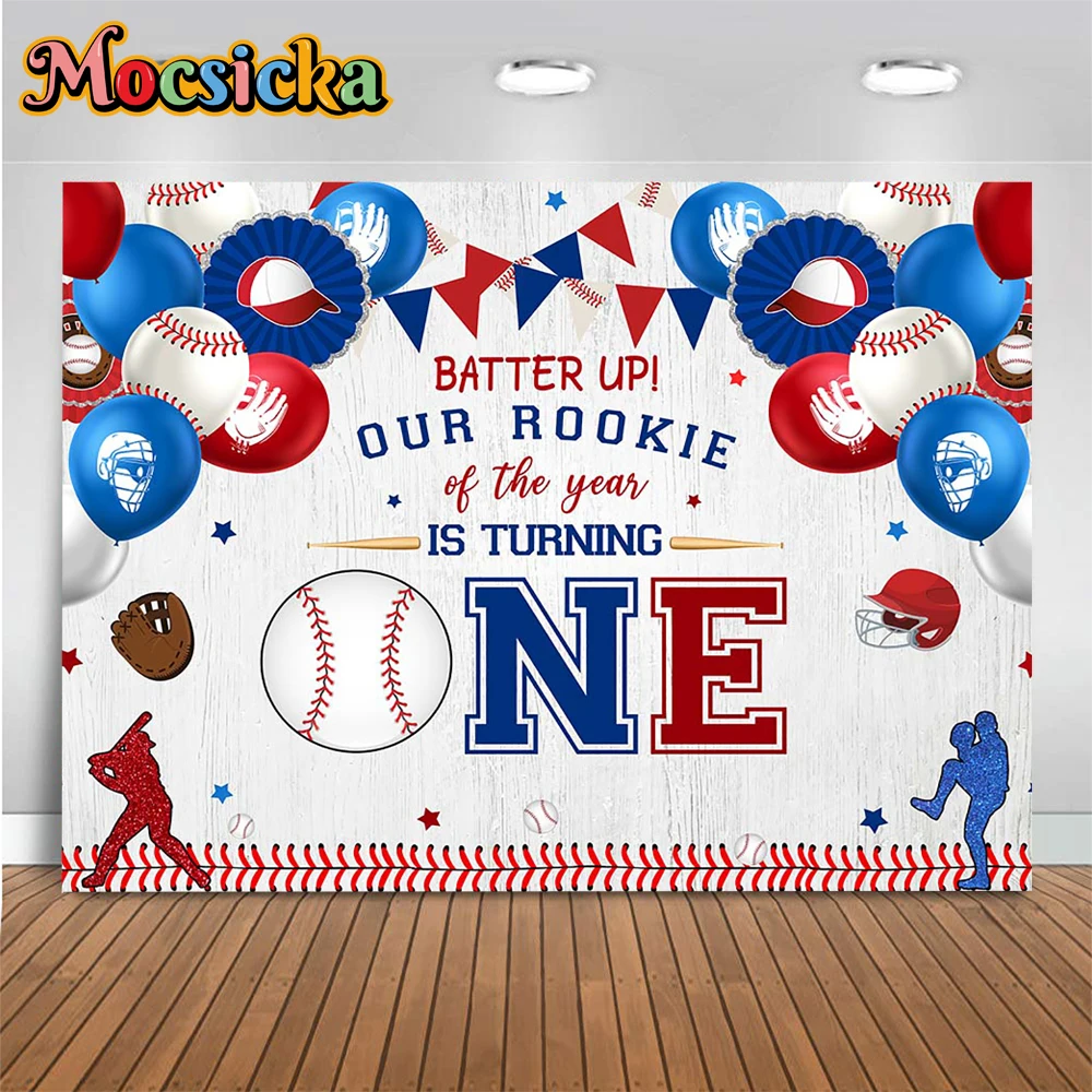 

Mocsicka Batter Up Rookie Baby One Birthday Party Backdrop Prop Baseball Blue Red Balloons Decoration Background Newborn Photos