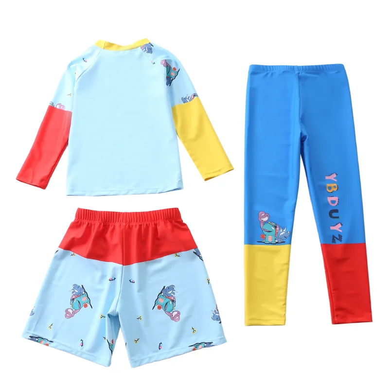 HappyFlute New 3 Pieces Set Cartoon Print  Long Sleeve Sun Protection Boys Vacation Swimsuit