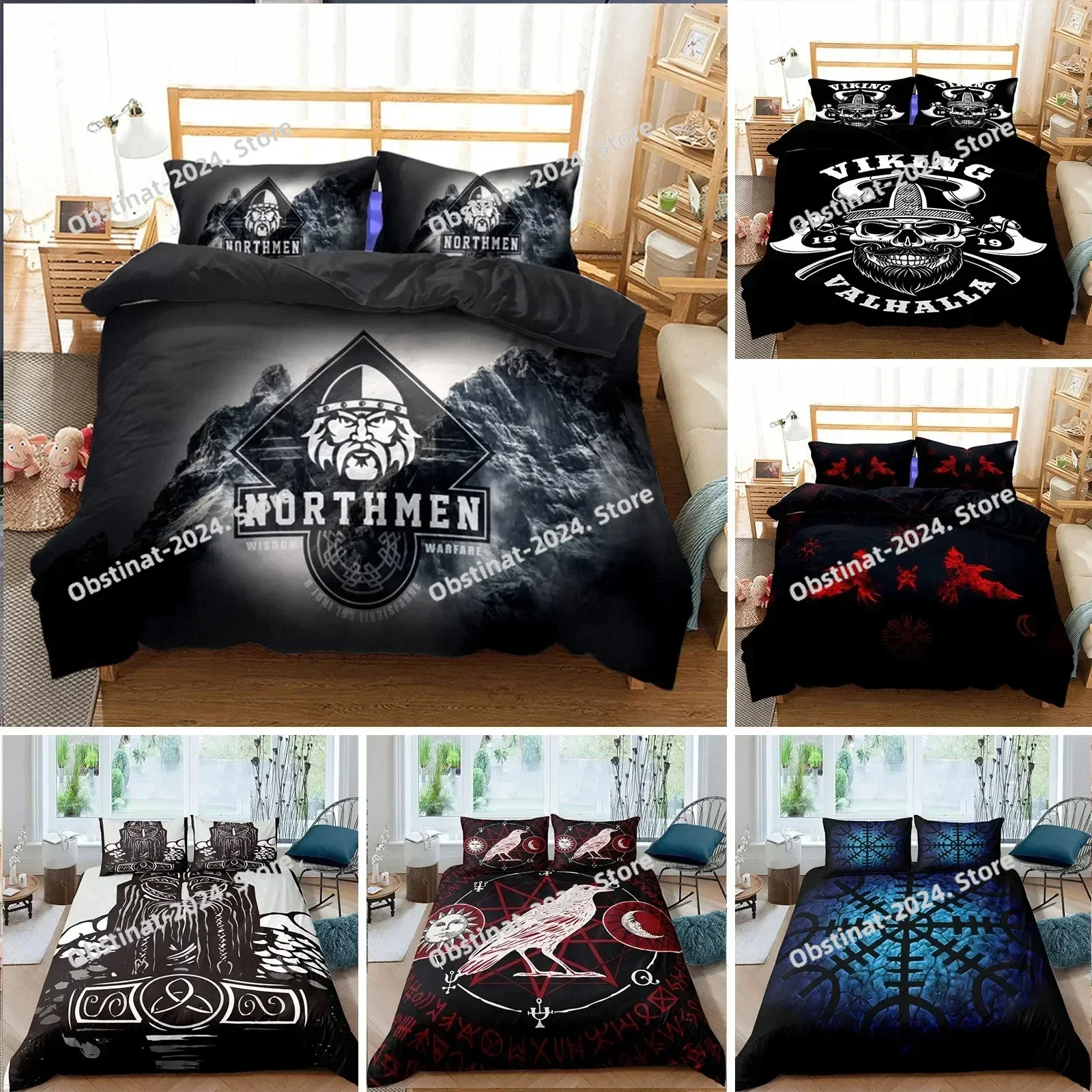 Viking Duvet Cover Set KingQueen Size Slate Blue Mjolnir Pattern Bedding Set Northern Germanic Culture Polyester Quilt Cover