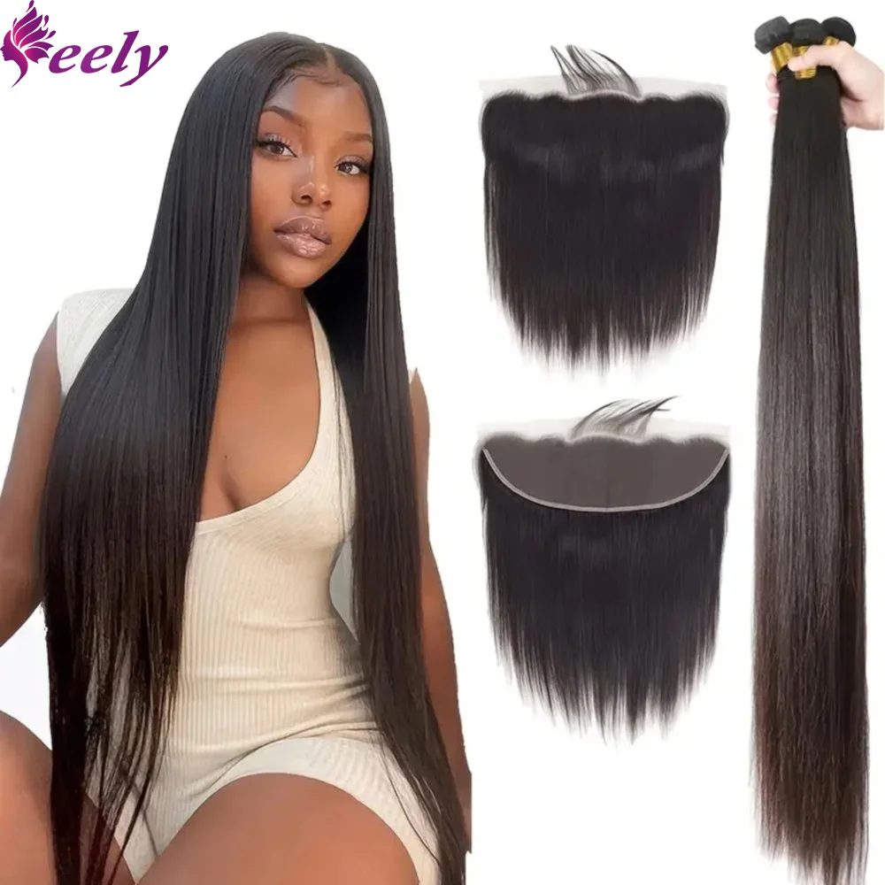 Bundles Human Hair With Closure Extensions 13x4 Lace Frontal Straight Human Hair Bundles Natural Black Color #1B 26 28 30 Inches