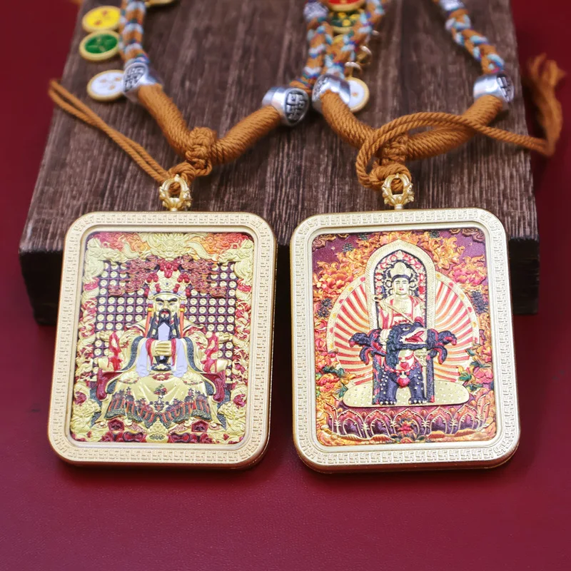 Dragon Lord , Tangka Of Manjushri Bodhisattva, -Plated Amulet Pendant, Brass With Gold Plating, Five-Direction Hanging C