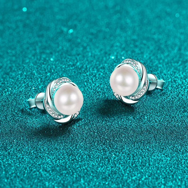 925 Sterling Silver Female Moissanite Stone Freshwater 8mm Pearl Earrings and Ear Accessories