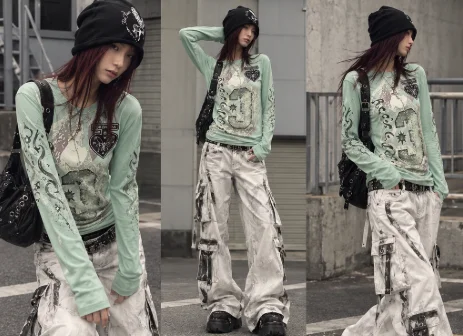 Y2K Grunge Women Long Sleeve Vintage 2000s Aesthetic Slim Fit Graphic Print Top Harajuku Punk Retro Streetwear Ladies Tee