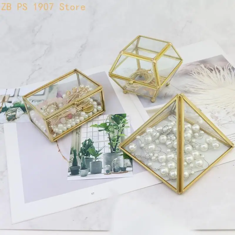Vintage Glass Jewelry Storage Box Geometric Ring Earrings for Case for Jewelry B 55KA