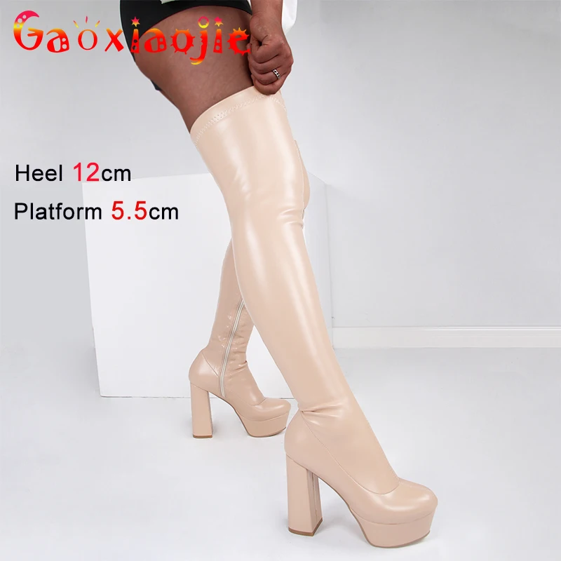 Elastic Thigh High Boots Women Platform 12cm Chunky Heels Night Club Fetish Leather Long Boots Sexy Over the knee Ladies Shoes