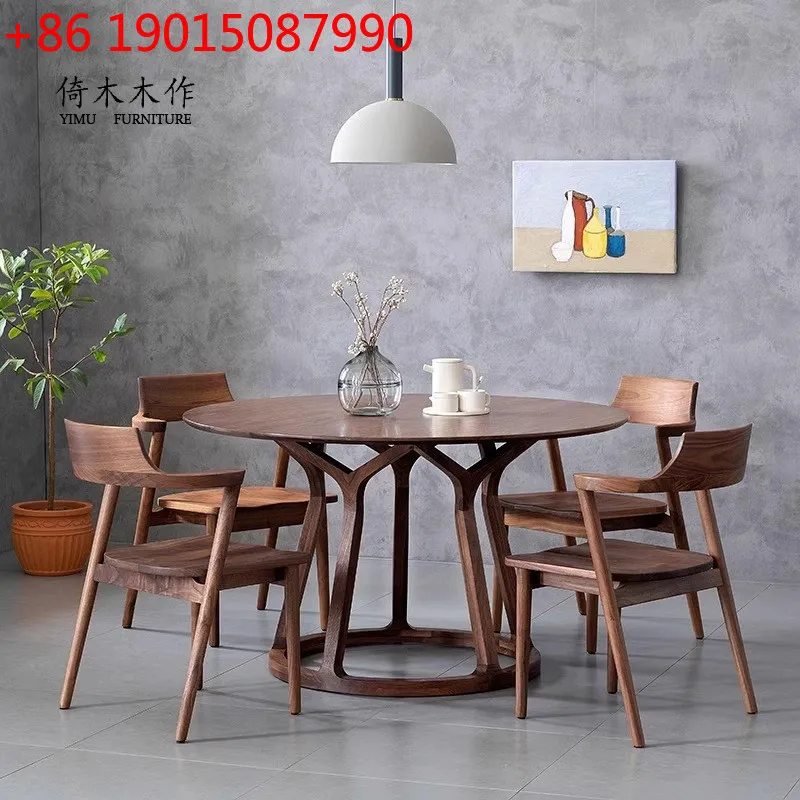 Black walnut round all solid wood dining round table household turntable chair combination large round table