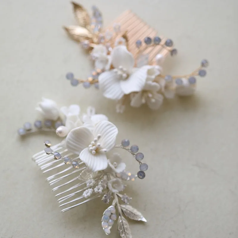 Small Bridal Comb Ceramic Floral Wedding Hair Piece Gold Silver Color Leaf Women Headpiece