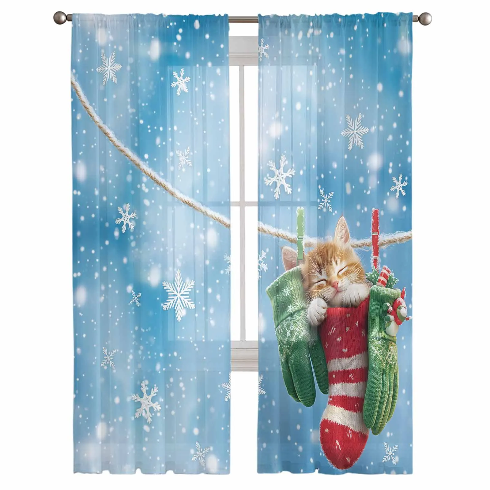 Cartoon Star Cat Christmas Socks Snowflake Curtains For Living Room Tulle Window Curtain Bedroom Kitchen Veil Drapes